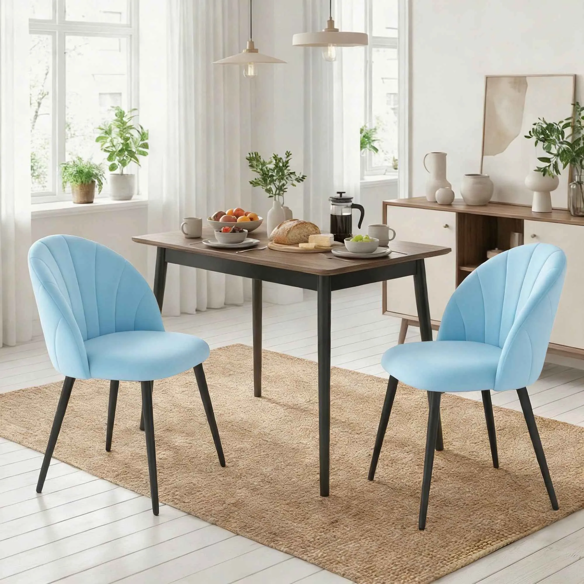 HOMCOM Set of 2 Upholstered Dining Chairs with Shell Back in Velvet, 52x55x79 cm, Blue - Image 2
