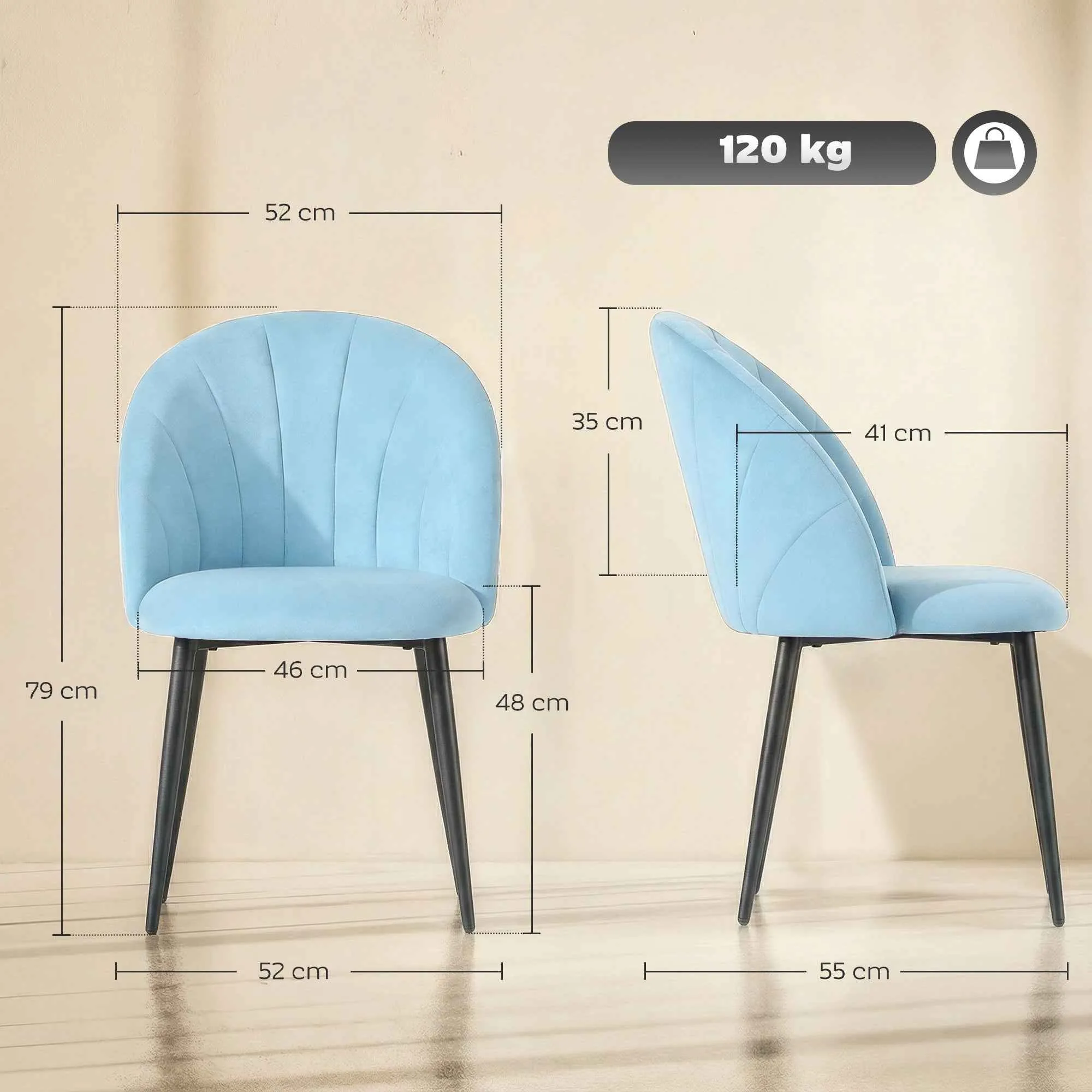 HOMCOM Set of 2 Upholstered Dining Chairs with Shell Back in Velvet, 52x55x79 cm, Blue - Image 3