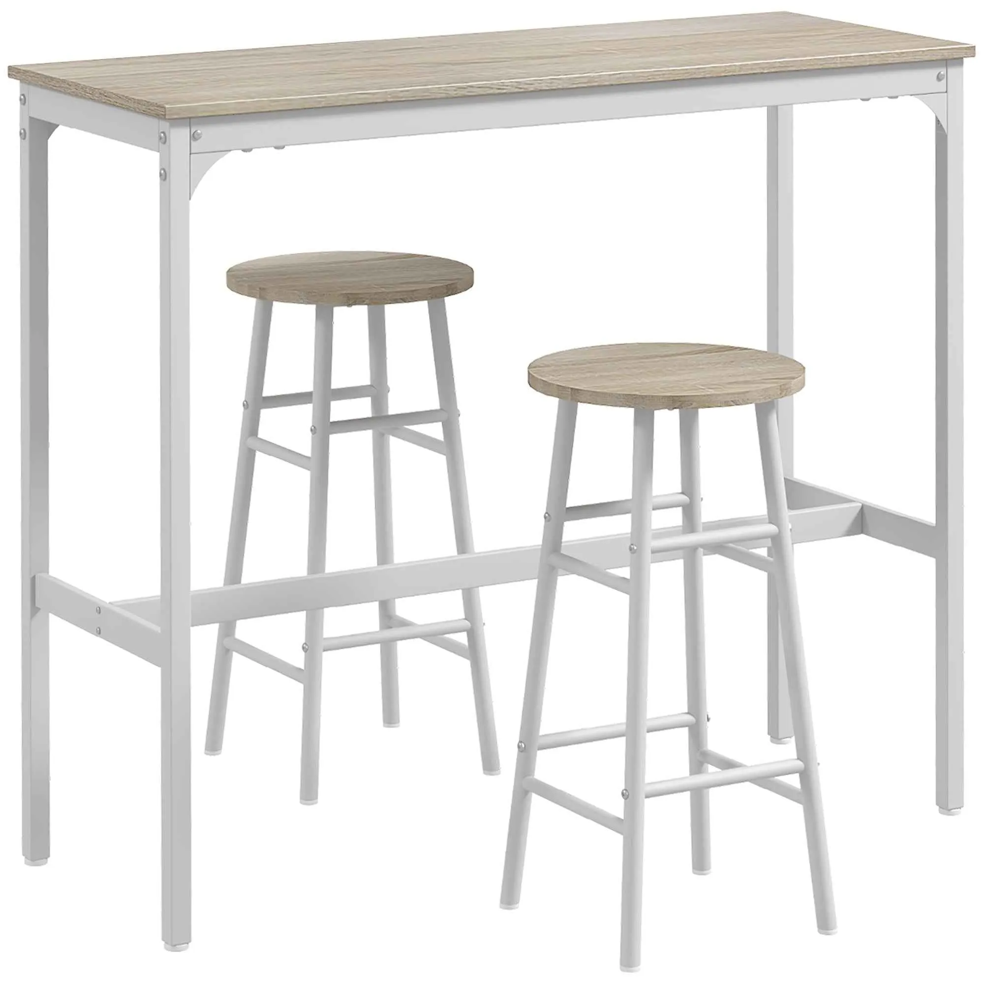 HOMCOM Industrial Style High Table and 2 Bar Stools with Footrest, White and Oak