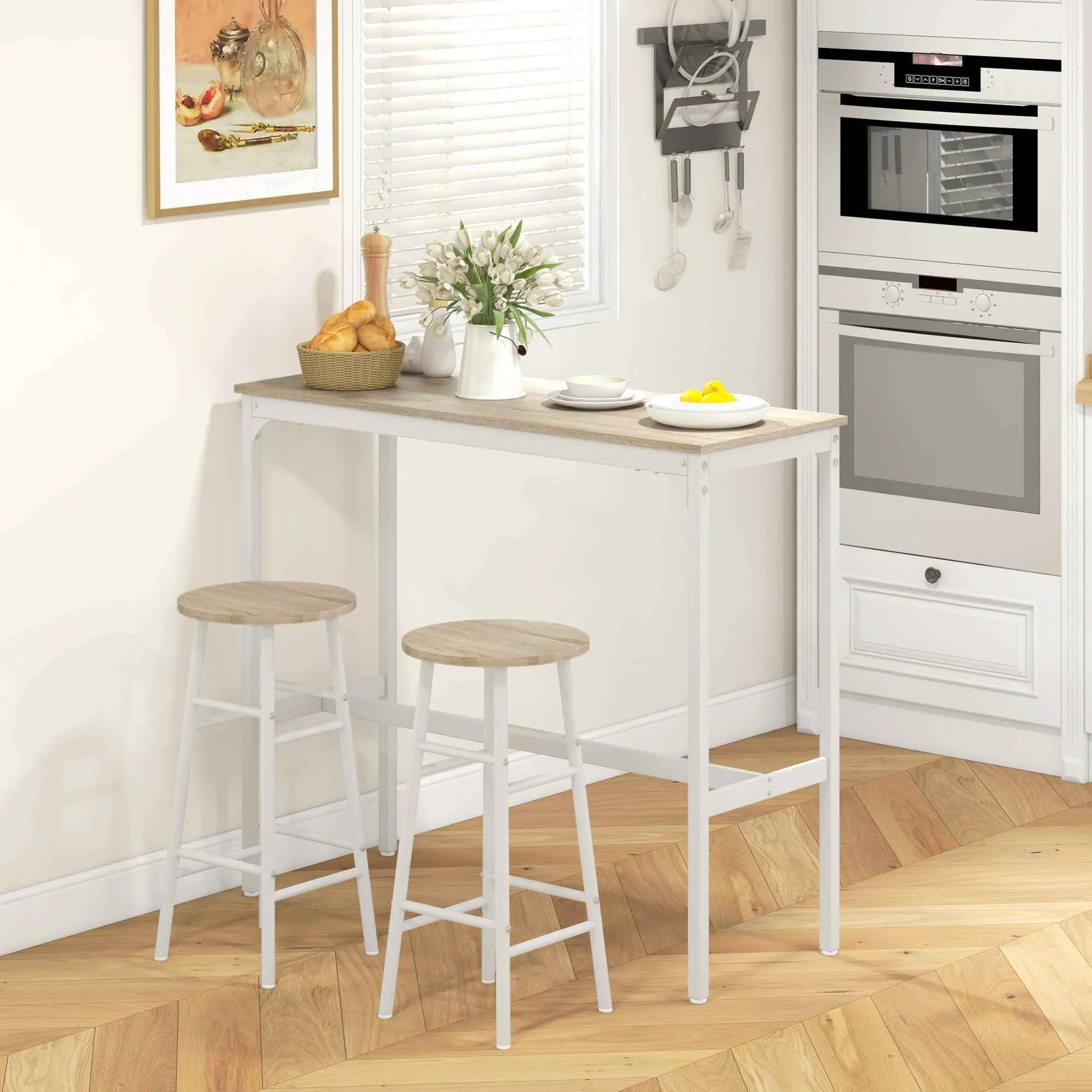 HOMCOM Industrial Style High Table and 2 Bar Stools with Footrest, White and Oak - Image 2