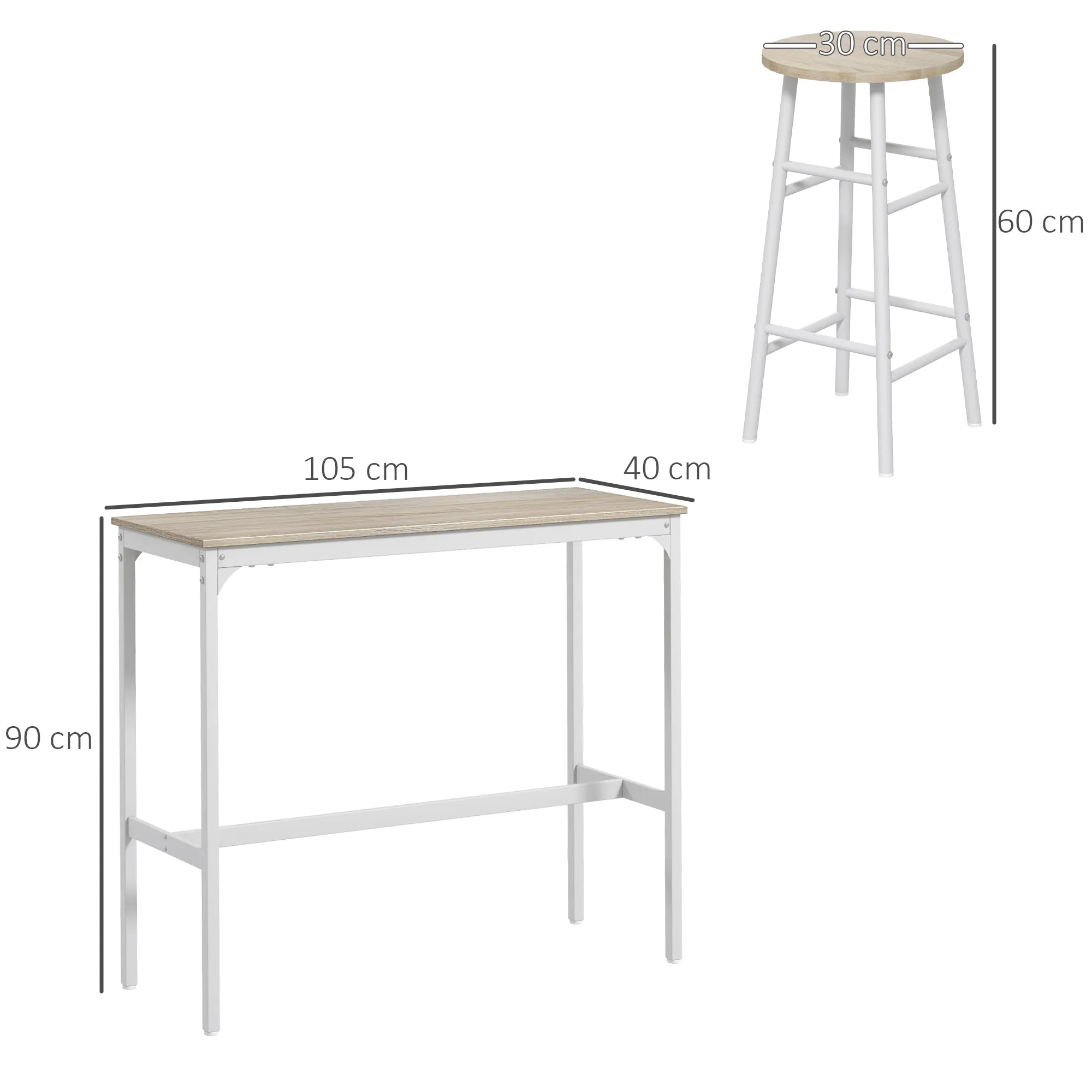 HOMCOM Industrial Style High Table and 2 Bar Stools with Footrest, White and Oak - Image 3