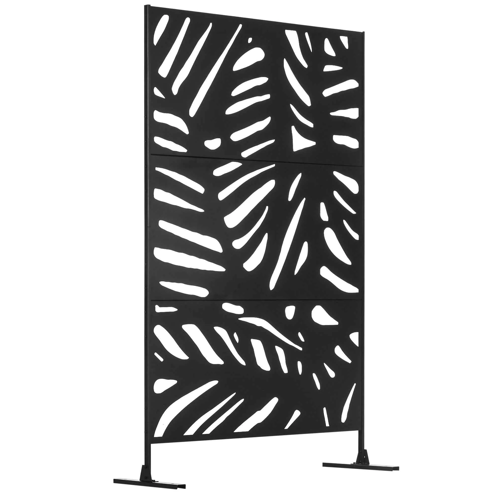 Outsunny 3-Door Vertical Steel Room Divider with Tropical Pattern, 122x45x198 cm, Black