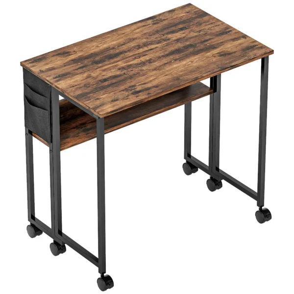 HOMCOM Folding Desk on Wheels 80 x 50 cm with Shelf and Storage Bag, Rustic Brown