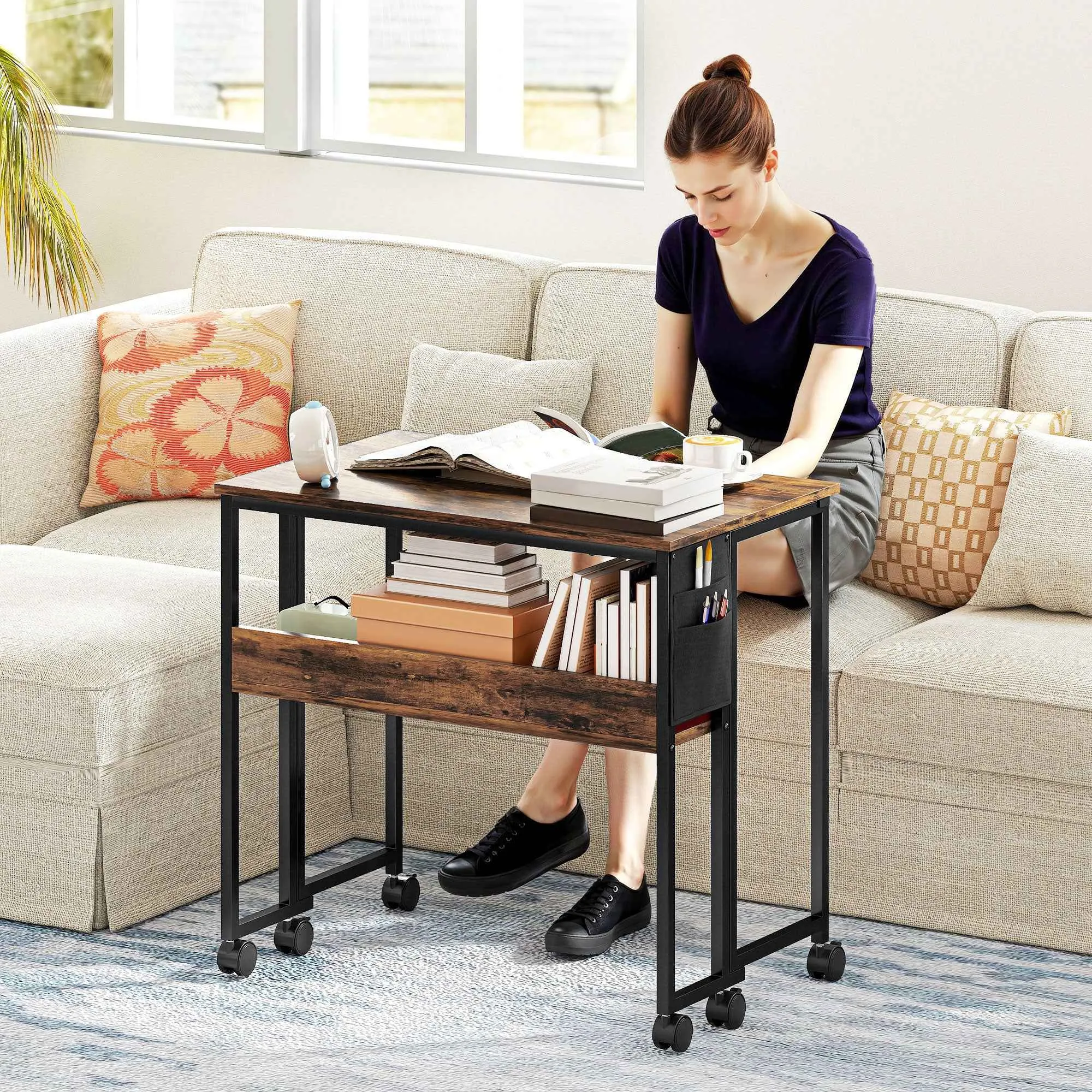 HOMCOM Folding Desk on Wheels 80 x 50 cm with Shelf and Storage Bag, Rustic Brown - Image 2