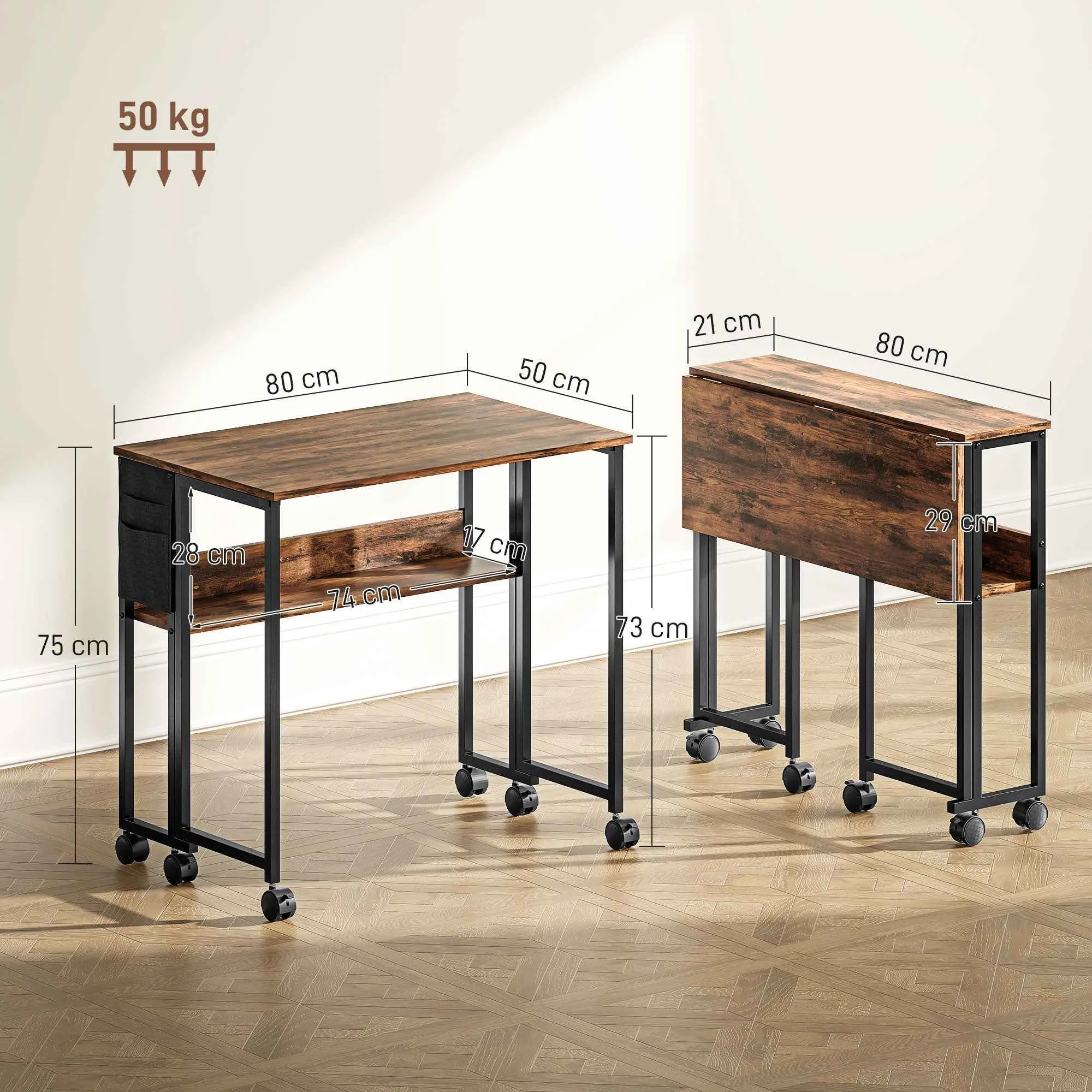HOMCOM Folding Desk on Wheels 80 x 50 cm with Shelf and Storage Bag, Rustic Brown - Image 3