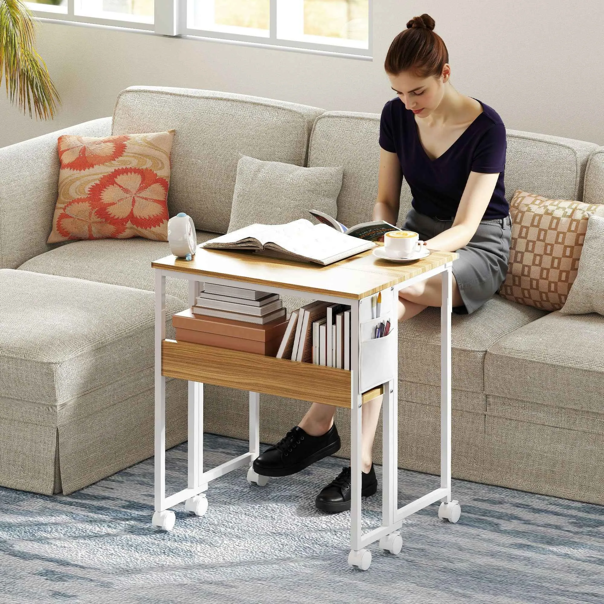 HOMCOM Space-Saving Folding Desk with Drop-Leaf Top, Storage Pocket, and Wheels, Natural Wood - Image 2