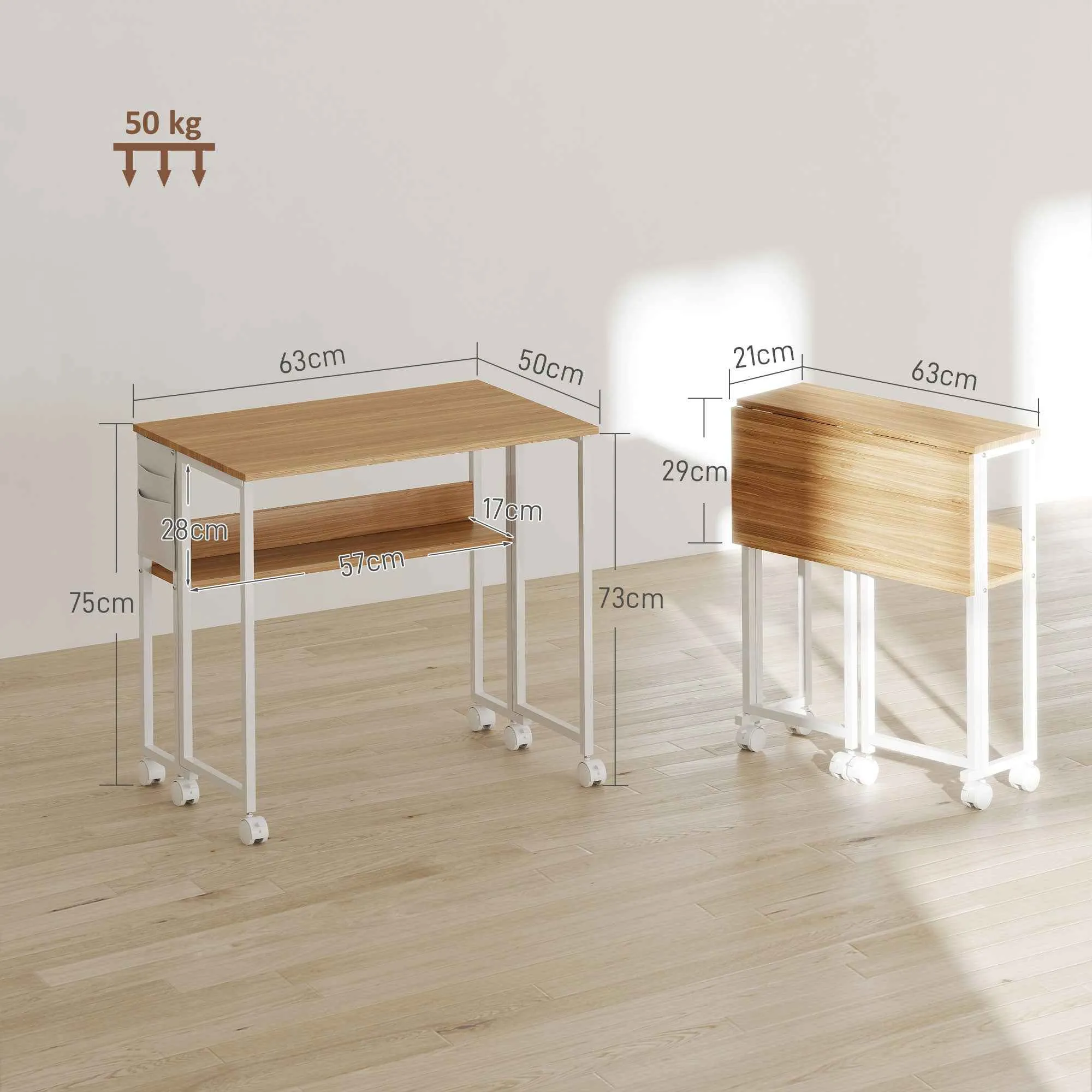 HOMCOM Space-Saving Folding Desk with Drop-Leaf Top, Storage Pocket, and Wheels, Natural Wood - Image 3