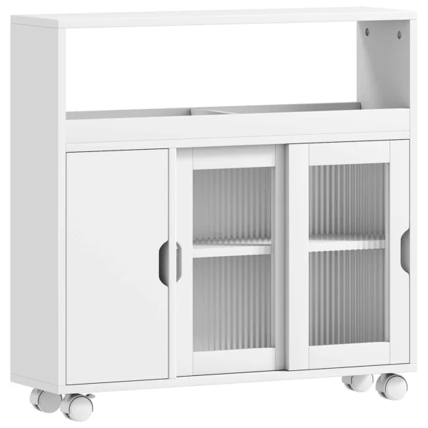 HOMCOM Wooden Bathroom Cabinet with Wheels, Open Space, Adjustable Shelves and Glass Doors, 71x20x70 cm, White
