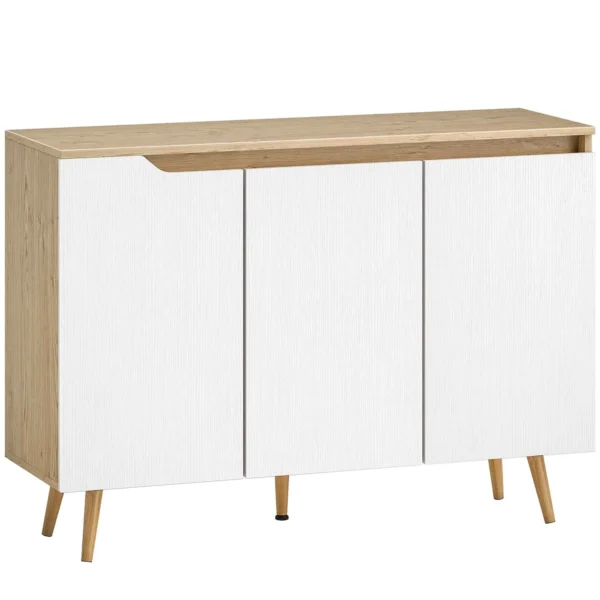 HOMCOM Modern 3-Door Sideboard with 3 Adjustable Shelves and 5 Wooden Legs, 107x35x76.5 cm, White and Oak