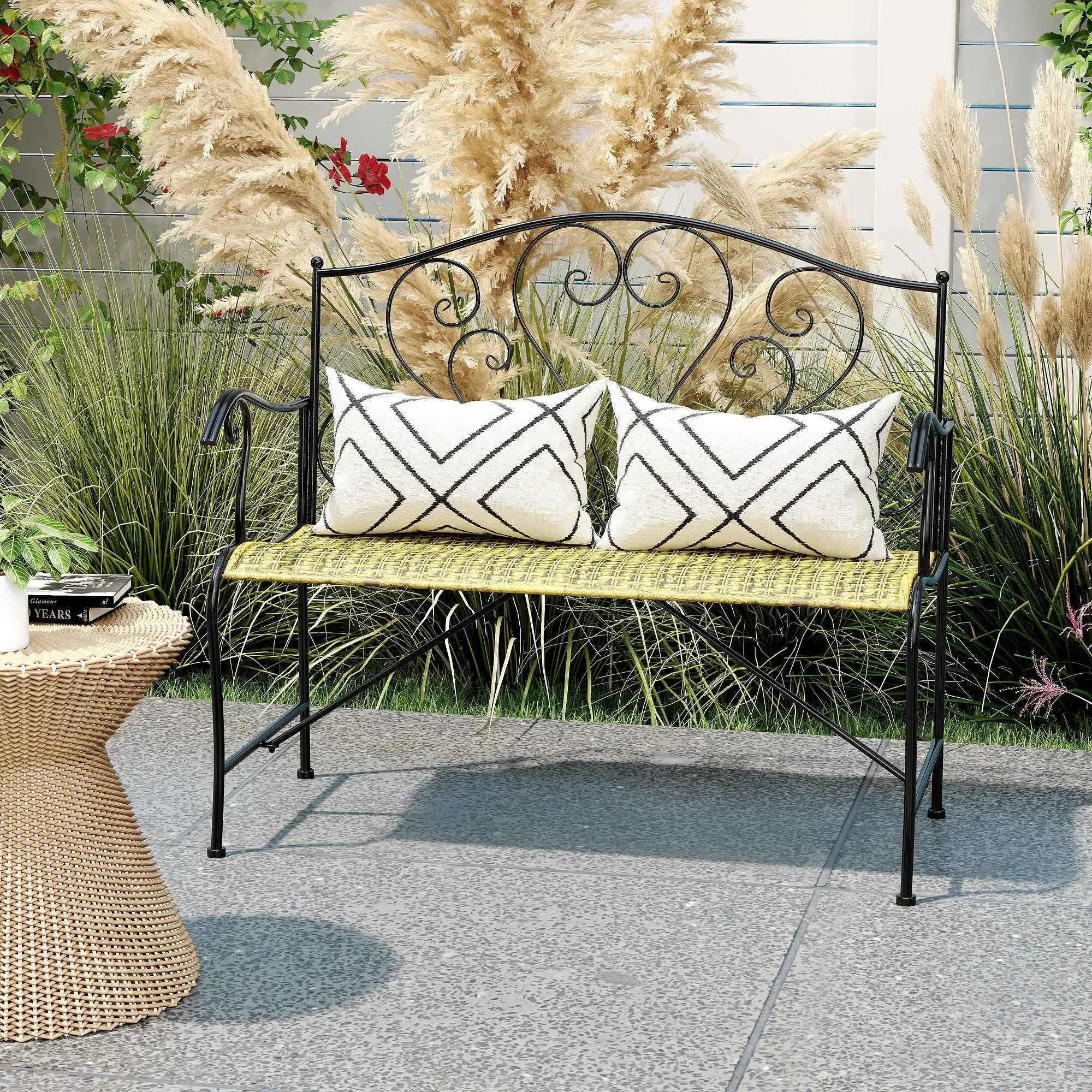 Outsunny Iron Garden Bench, Vintage Style 2-Seater Outdoor Bench, 100x 50x88cm, Black - Image 2