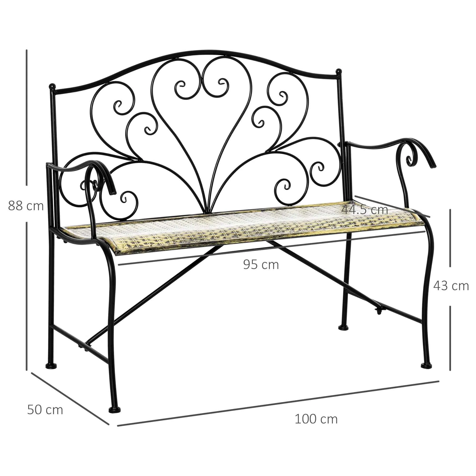 Outsunny Iron Garden Bench, Vintage Style 2-Seater Outdoor Bench, 100x 50x88cm, Black - Image 3