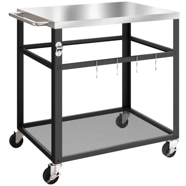 Outsunny BBQ Cart with Stainless Steel Top, 4 S-Hooks, Handle and Bottle Opener, 82x55x79 cm, Black