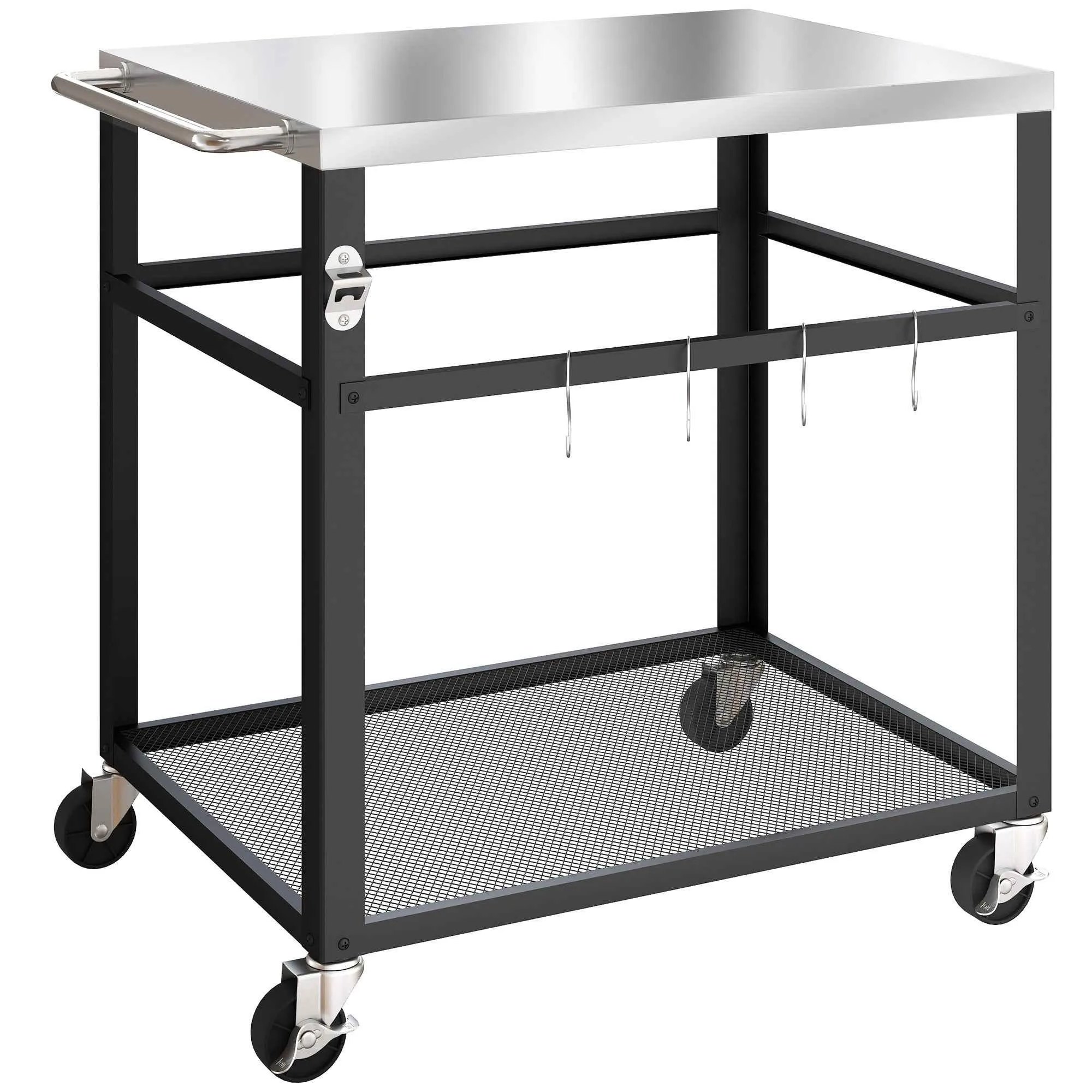 Outsunny BBQ Cart with Stainless Steel Top, 4 S-Hooks, Handle and Bottle Opener, 82x55x79 cm, Black