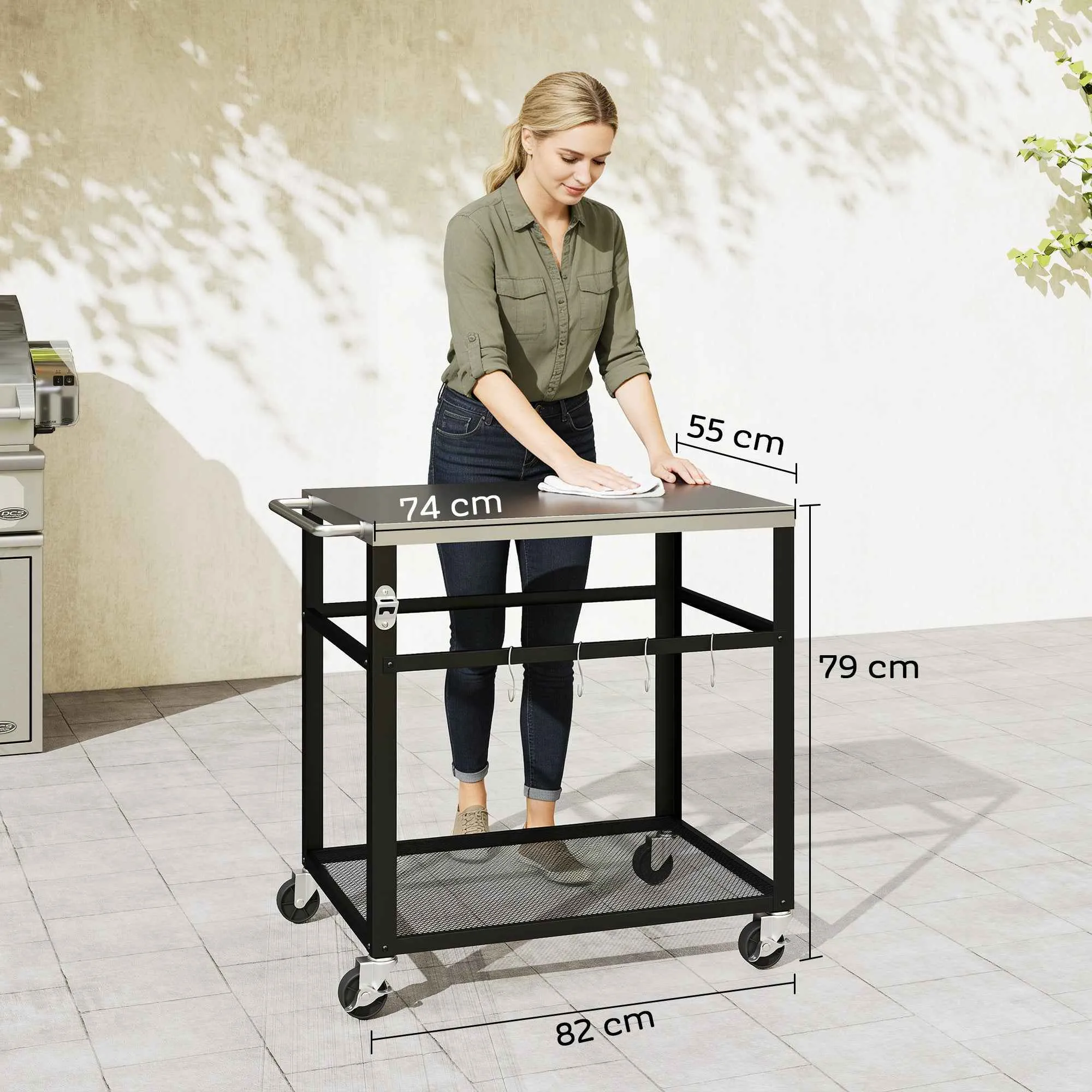 Outsunny BBQ Cart with Stainless Steel Top, 4 S-Hooks, Handle and Bottle Opener, 82x55x79 cm, Black - Image 3