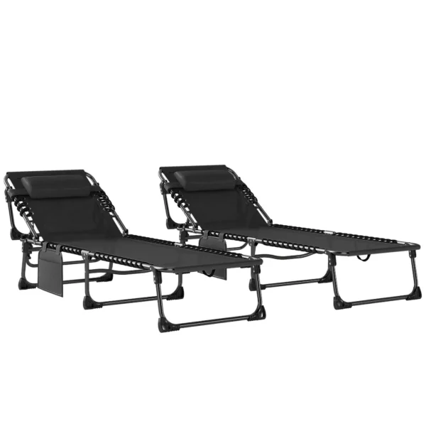 Outsunny Set of 2 Folding and Reclining Garden Sun Loungers on 5 Levels with Cushions, 57x200x38 cm, Black
