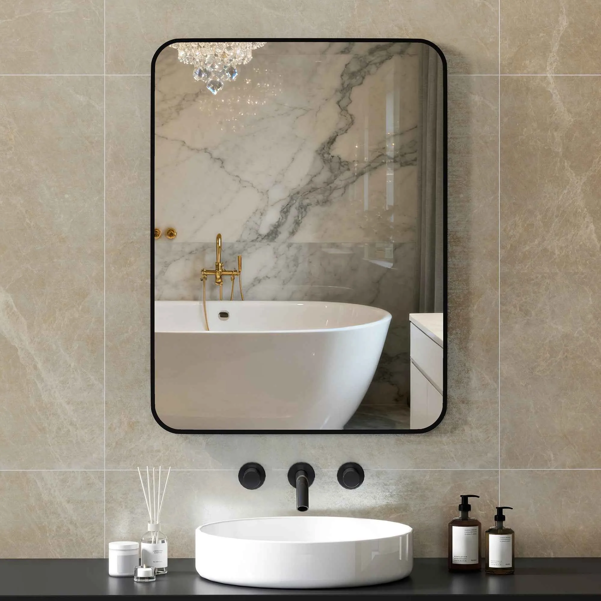 HOMCOM Bathroom Mirror with Metal Frame and Hook, 60x2.5x80 cm, Black - Image 2
