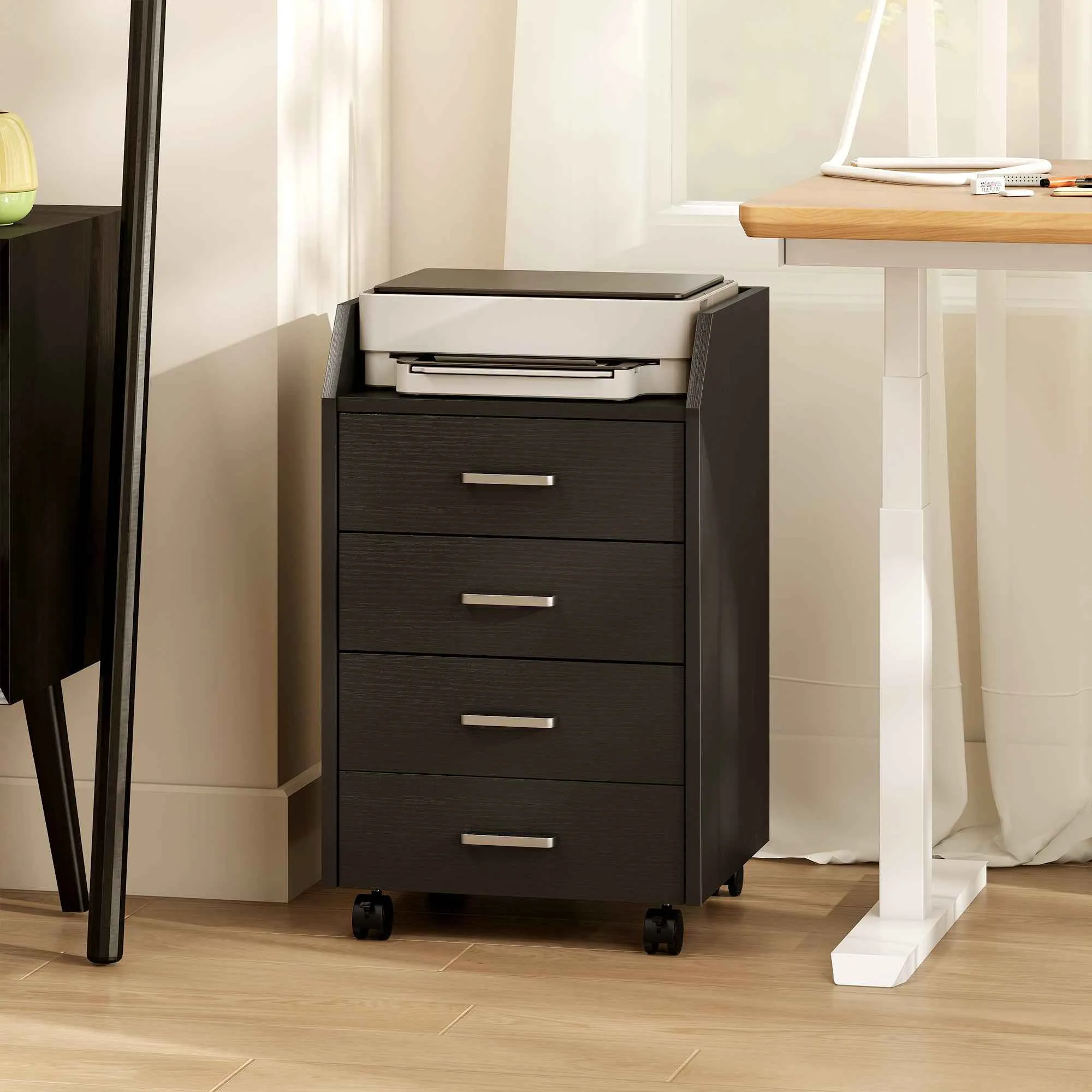 Small Chest of Drawers with 4 Drawers, Vertical Cabinet on Wheels, 40 x 36 x 65 cm, Black Wood Effect - Image 2