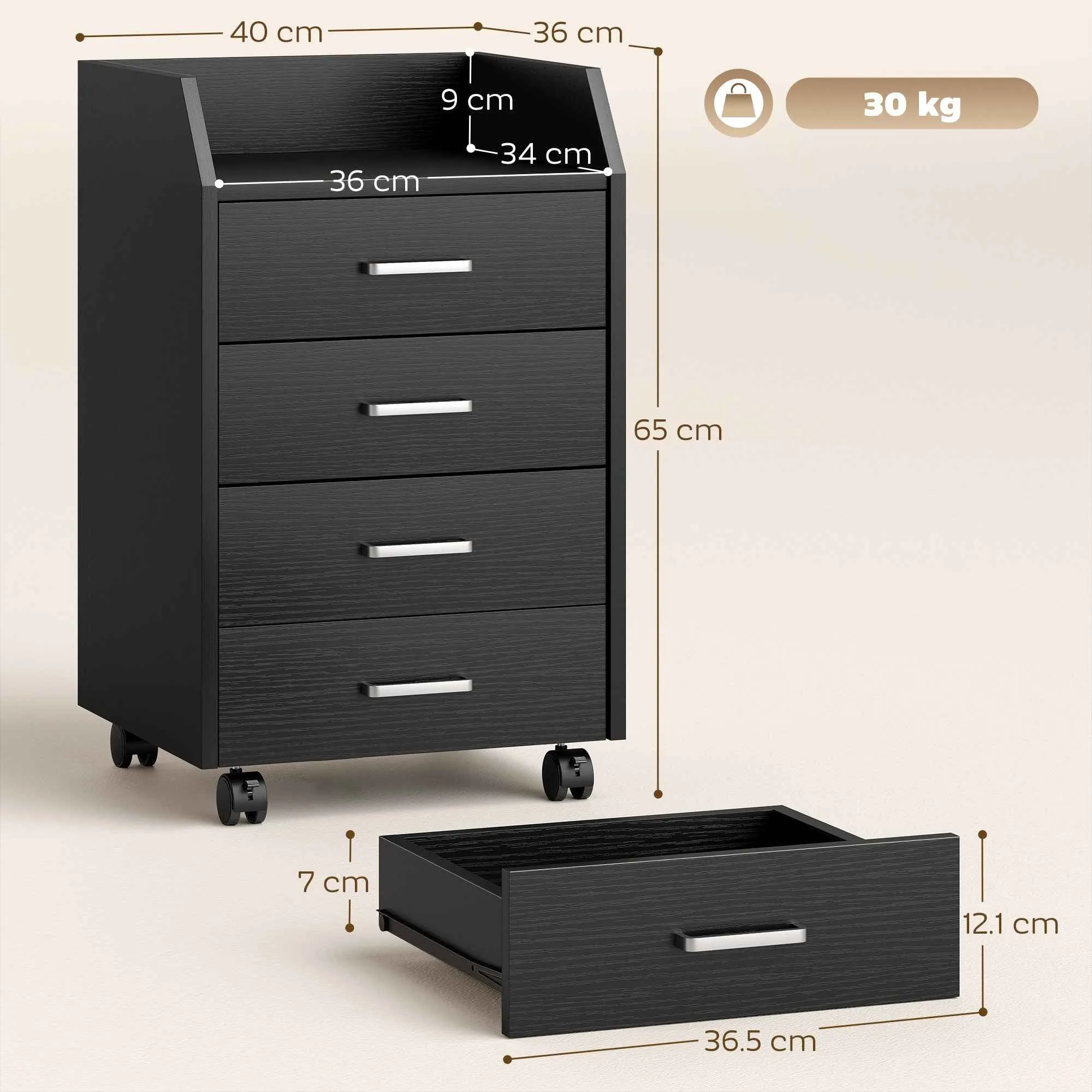 Small Chest of Drawers with 4 Drawers, Vertical Cabinet on Wheels, 40 x 36 x 65 cm, Black Wood Effect - Image 3