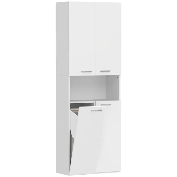 HOMCOM 2-Door Bathroom Cabinet with Drop-Leaf Laundry Basket and Open Shelf, 60x30x174 cm, Wood, White