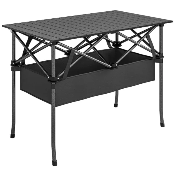 Outsunny Folding Camping Table with Metal Frame, Storage Net and Bag, 93x55x68 cm, Black