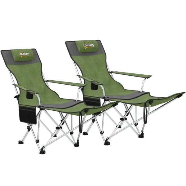 Outsunny Set of 2 Folding Camping Chairs with Footrest and Cup Holder, 82x50/100x88 cm, Green