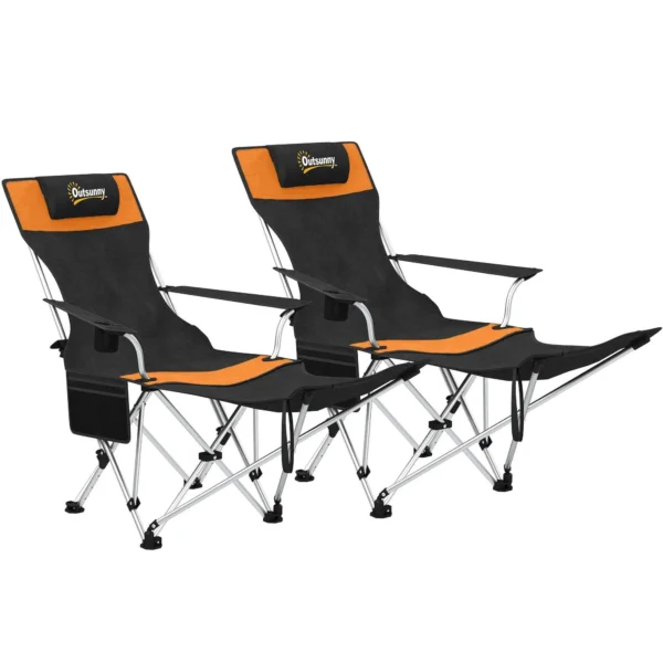 Outsunny Set of 2 Folding Camping Chairs with Footrest and Cup Holder, 82x50/100x88 cm, Black and Orange
