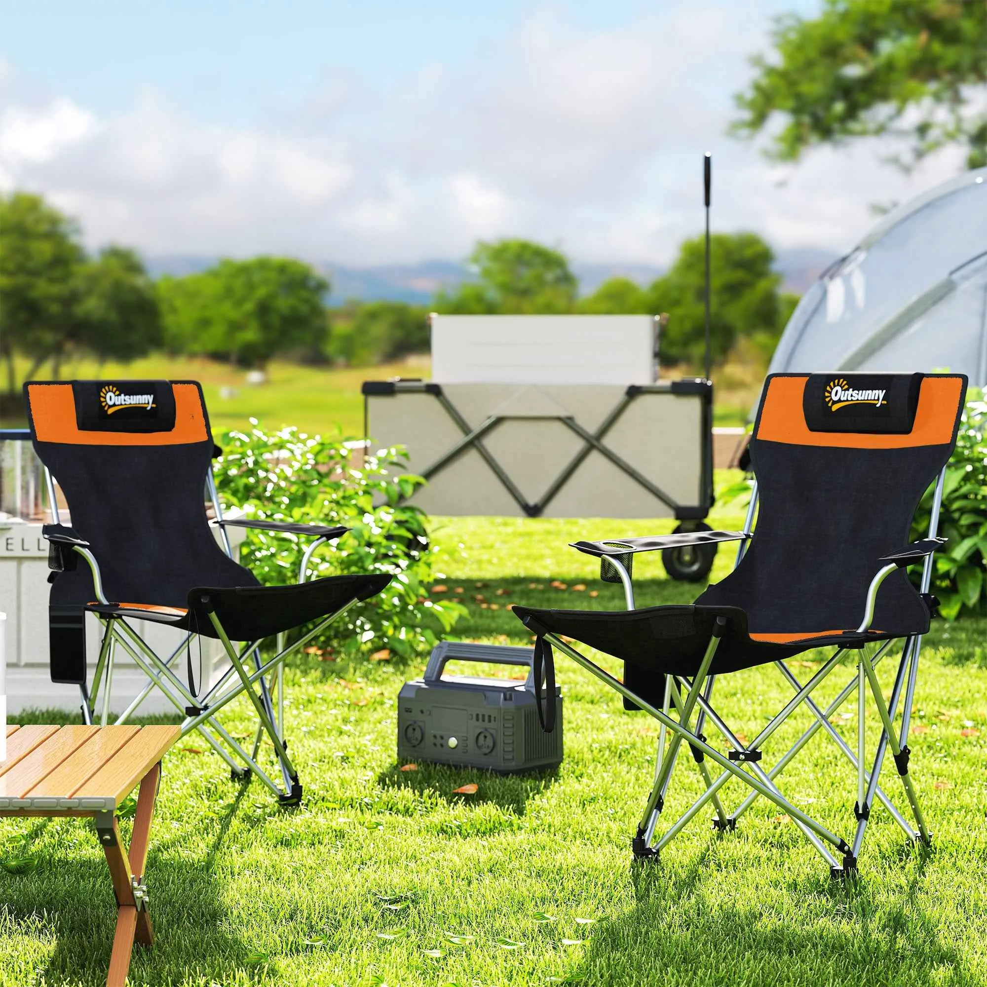 Outsunny Set of 2 Folding Camping Chairs with Footrest and Cup Holder, 82x50/100x88 cm, Black and Orange - Image 2