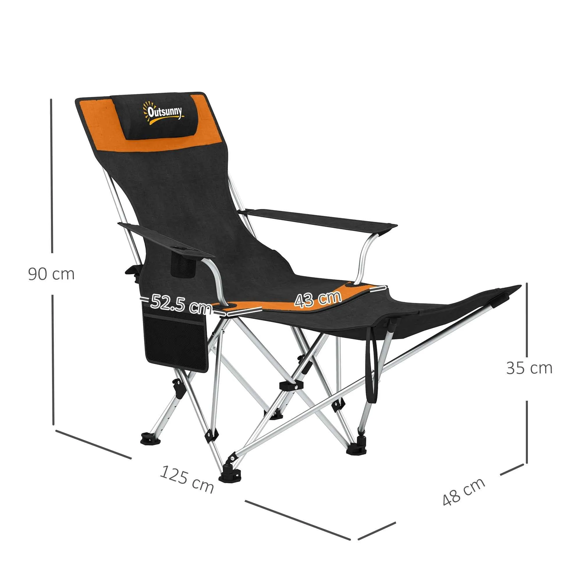 Outsunny Set of 2 Folding Camping Chairs with Footrest and Cup Holder, 82x50/100x88 cm, Black and Orange - Image 3
