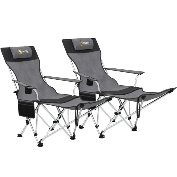 Outsunny Set of 2 Folding Camping Chairs with Footrest and Cup Holder, 82x50/100x88 cm, Grey