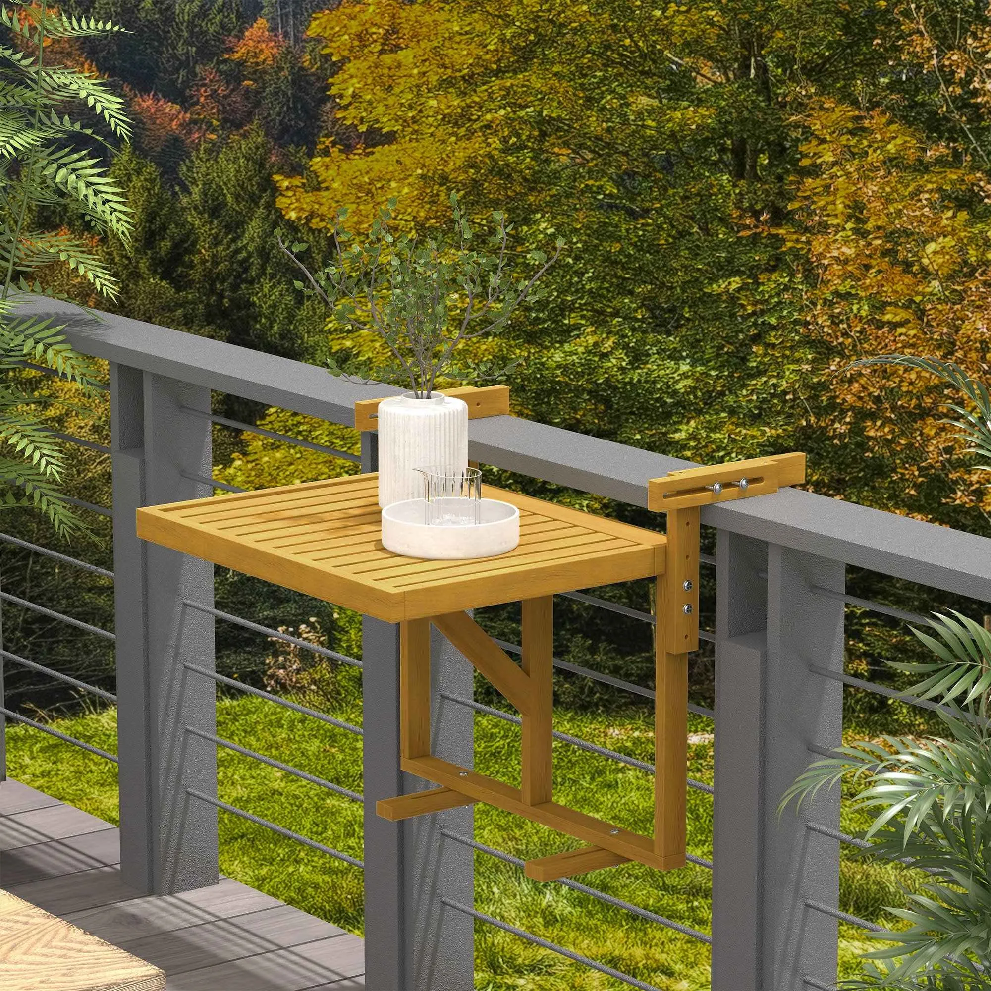 Outsunny Folding and Adjustable Wooden Balcony Railing Table, Wood Color - Image 2