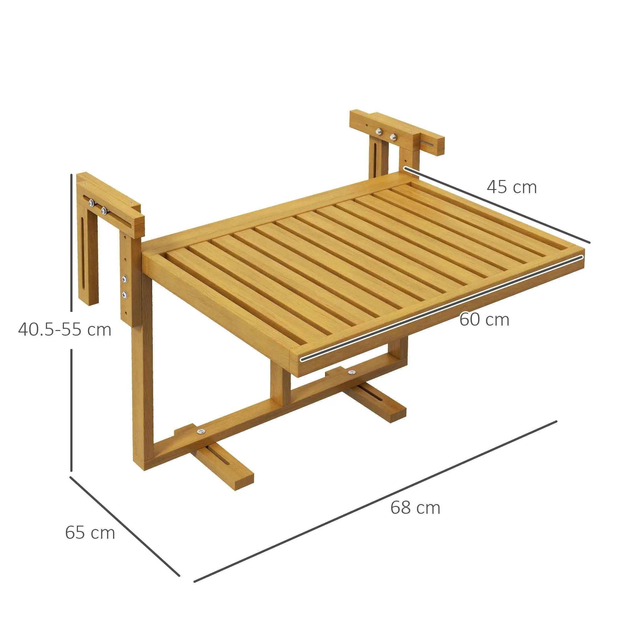 Outsunny Folding and Adjustable Wooden Balcony Railing Table, Wood Color - Image 3