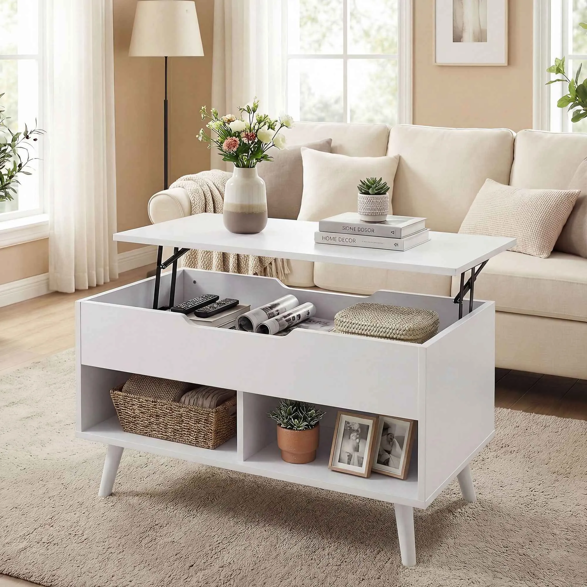 HOMCOM 75cm White Punched Coffee Table with Lift-Up Top and Hidden Storage - Image 2