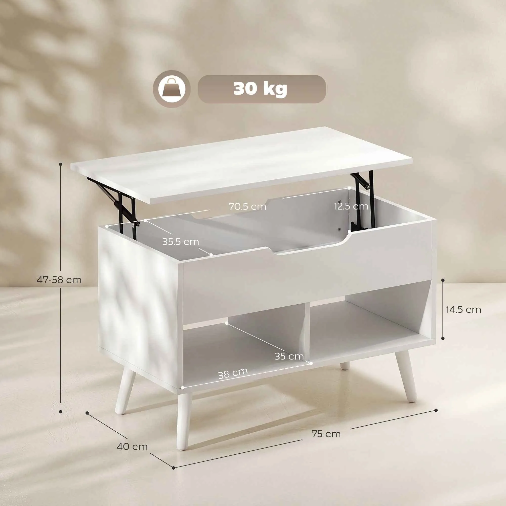 HOMCOM 75cm White Punched Coffee Table with Lift-Up Top and Hidden Storage - Image 3