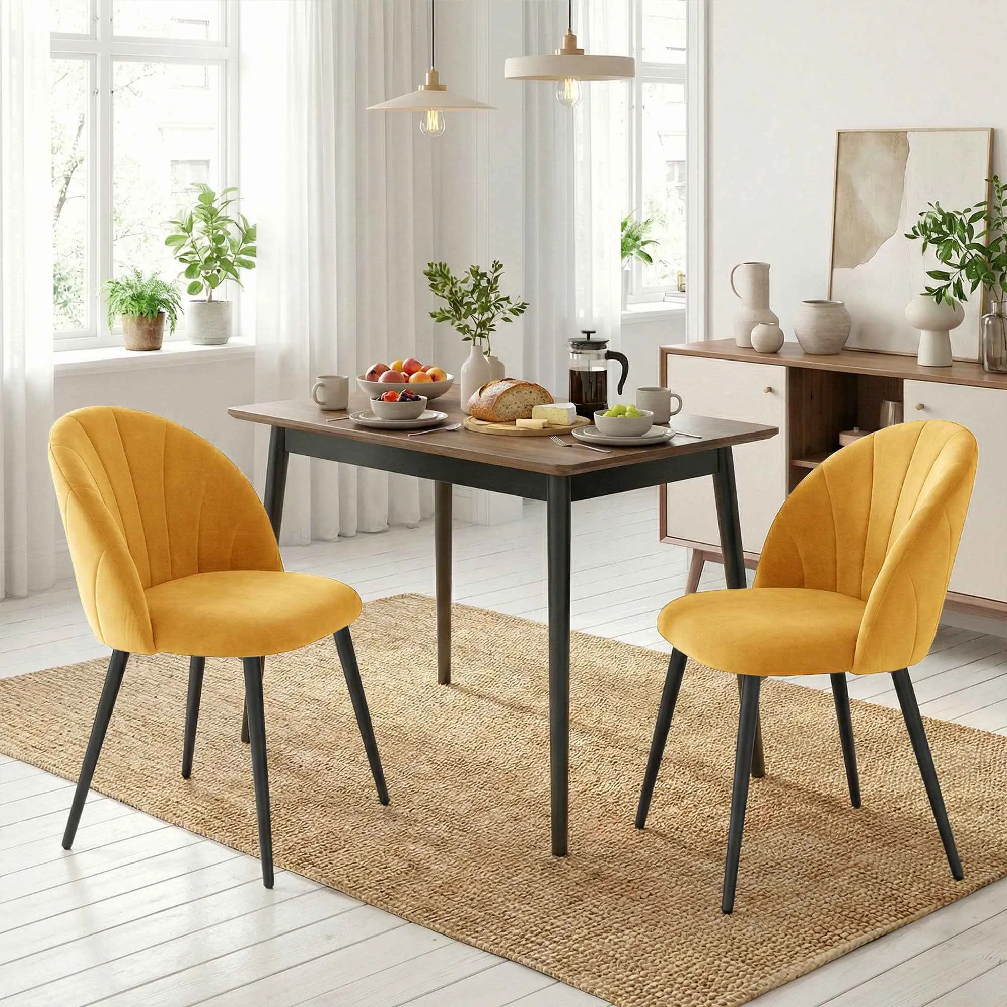 HOMCOM Set of 2 Velvet Shell-Back Dining Chairs, 52 x 55 x 79 cm, Yellow - Image 2
