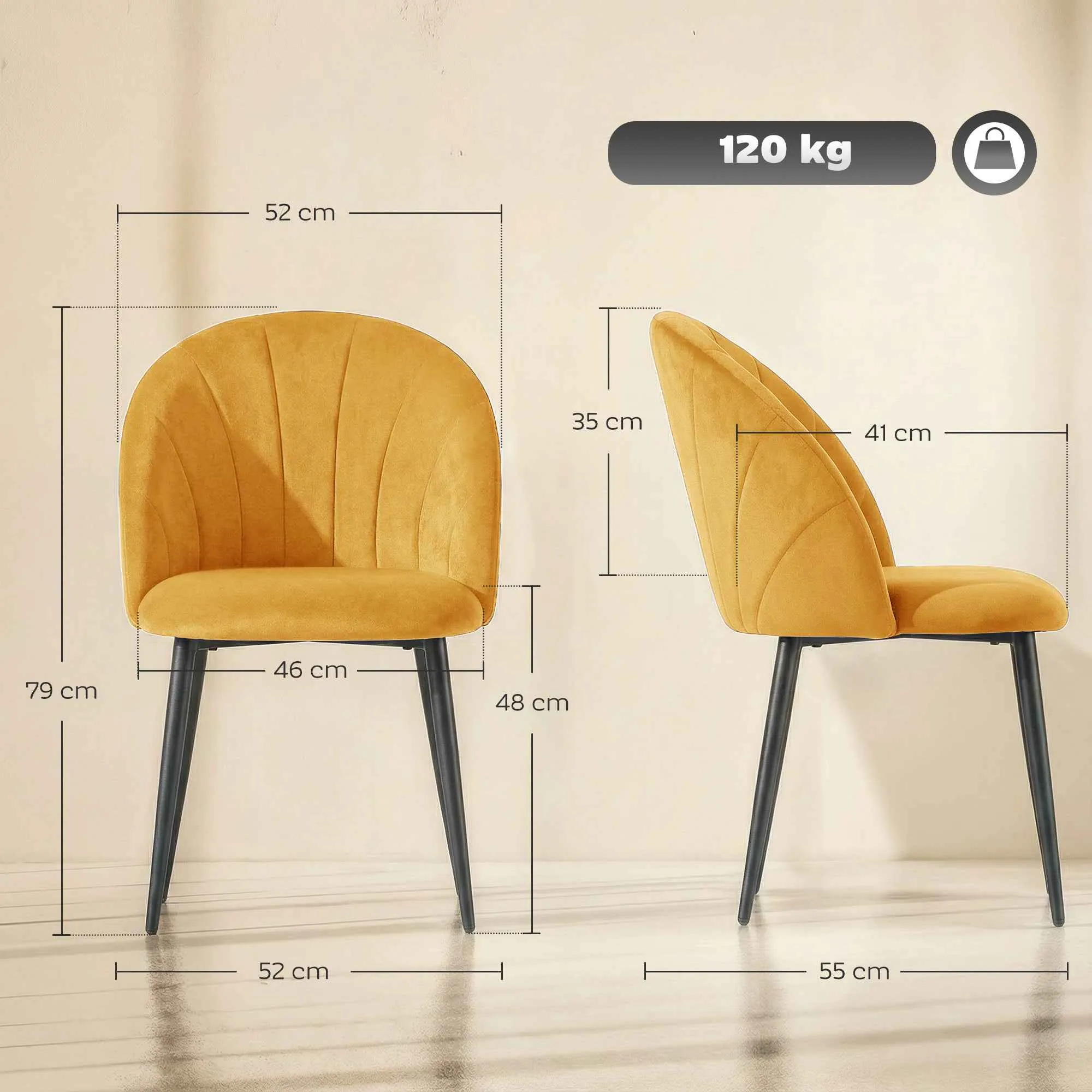 HOMCOM Set of 2 Velvet Shell-Back Dining Chairs, 52 x 55 x 79 cm, Yellow - Image 3