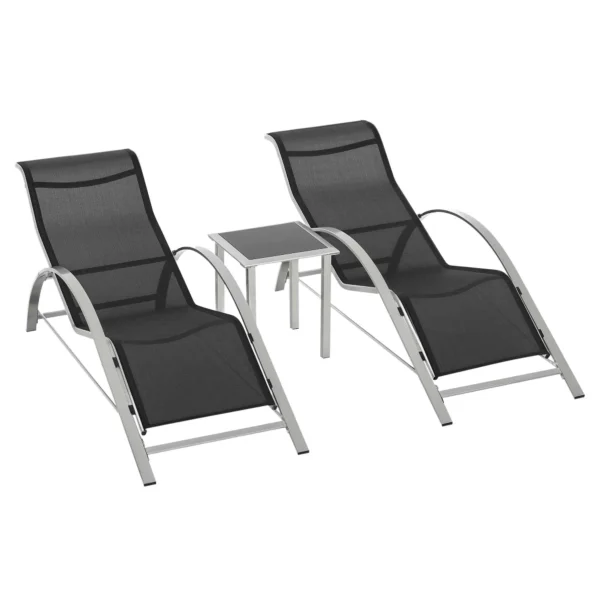 Outsunny Set of 2 Garden Loungers and Glass Table, Sun Lounger with Breathable Fabric, 59x169x66cm, Black and Grey
