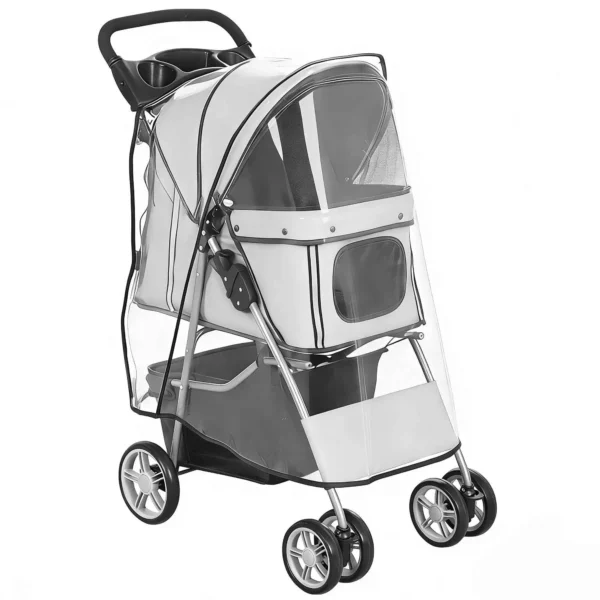PawHut Folding Dog Stroller with Rain Cover, Swivel Wheels, and Washable Cushion, Grey