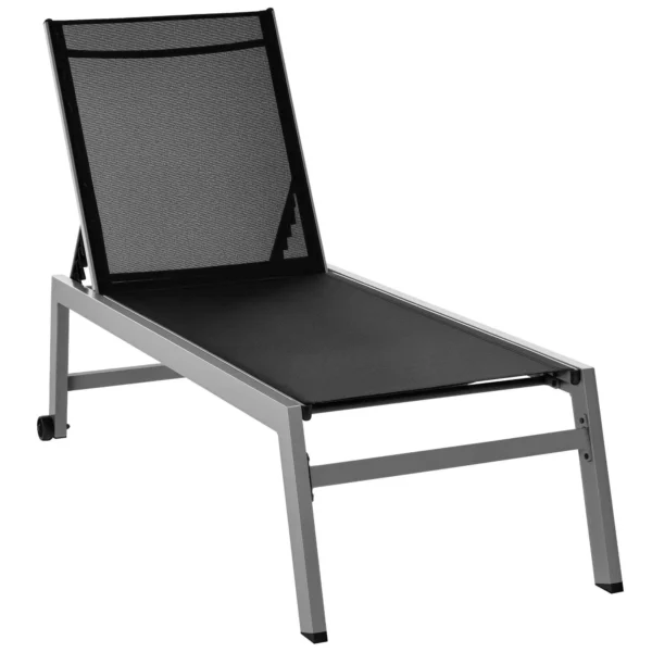Outsunny Aluminum and Texteline Sun Lounger | Adjustable Backrest, Black and Gray, 2 Wheels | 169 x 65 x 102 cm