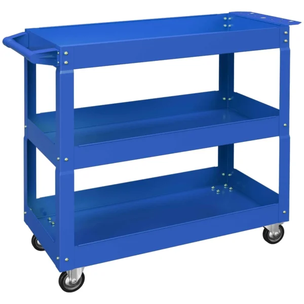 DURHAND 3-Tier Steel Tool Cart with High Edges and 4 Swivel Wheels, 83x35.3x76 cm, Blue