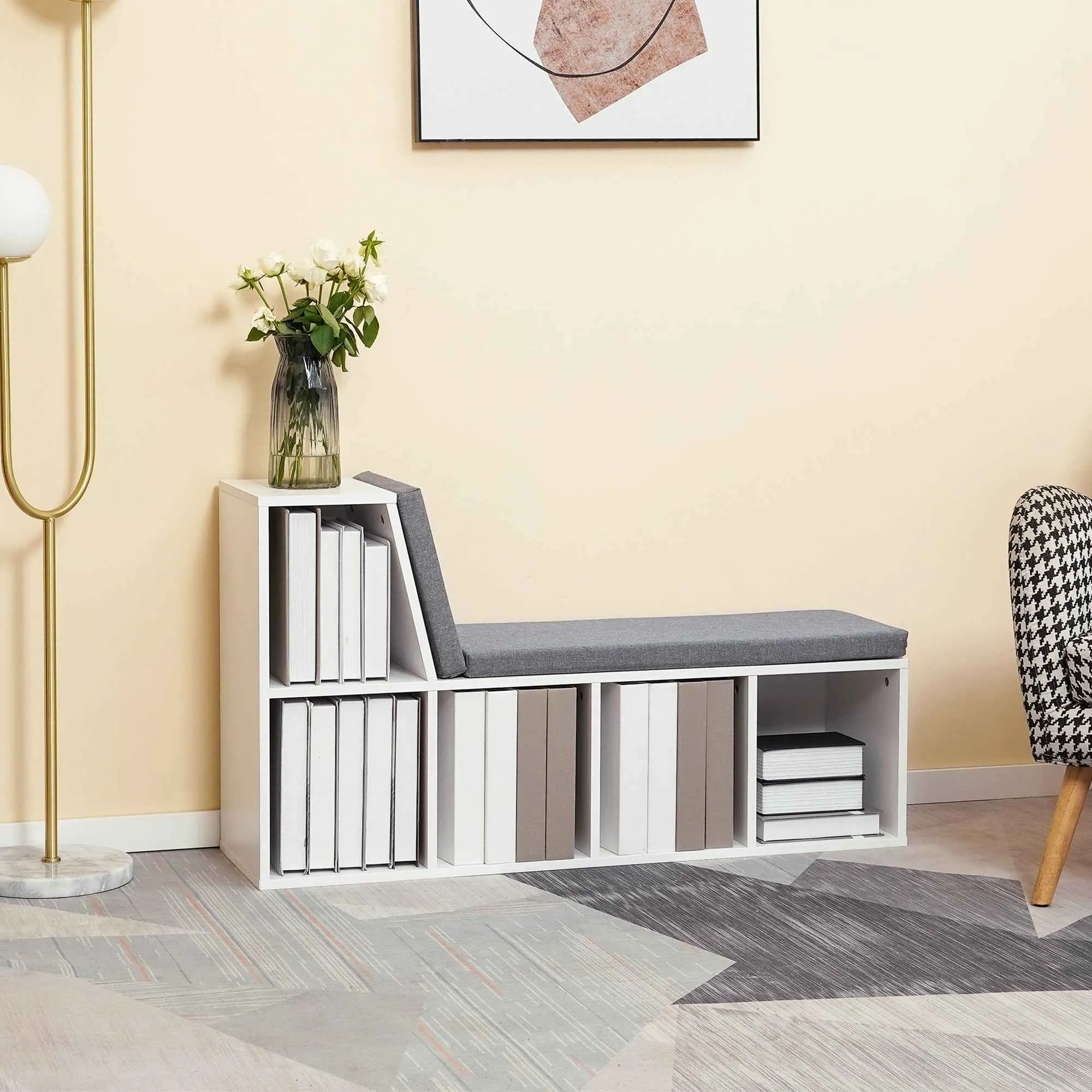 HOMCOM Modern 5-Tier Open Bookcase with 2 Cushions, Wooden, 108x30x60 cm, Grey - Image 2