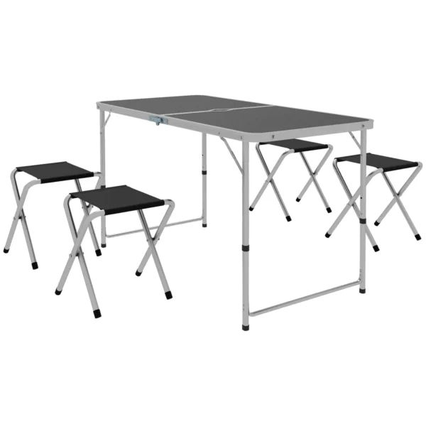 Outsunny Folding and Adjustable Camping Table Set with 4 Chairs and Umbrella Hole, Made of Aluminum and Wood, Black