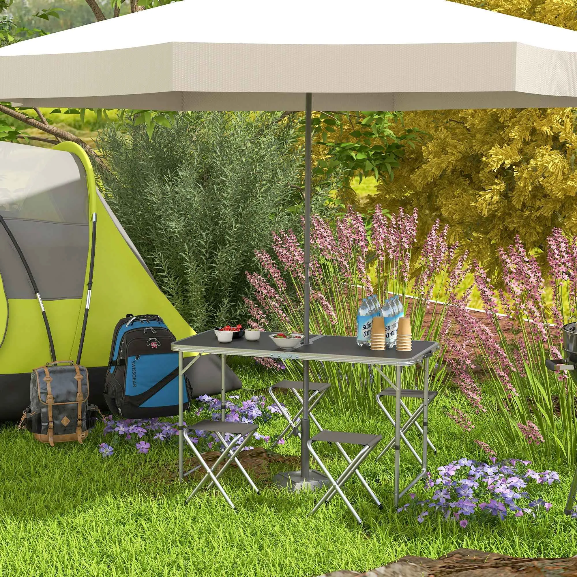 Outsunny Folding and Adjustable Camping Table Set with 4 Chairs and Umbrella Hole, Made of Aluminum and Wood, Black - Image 2