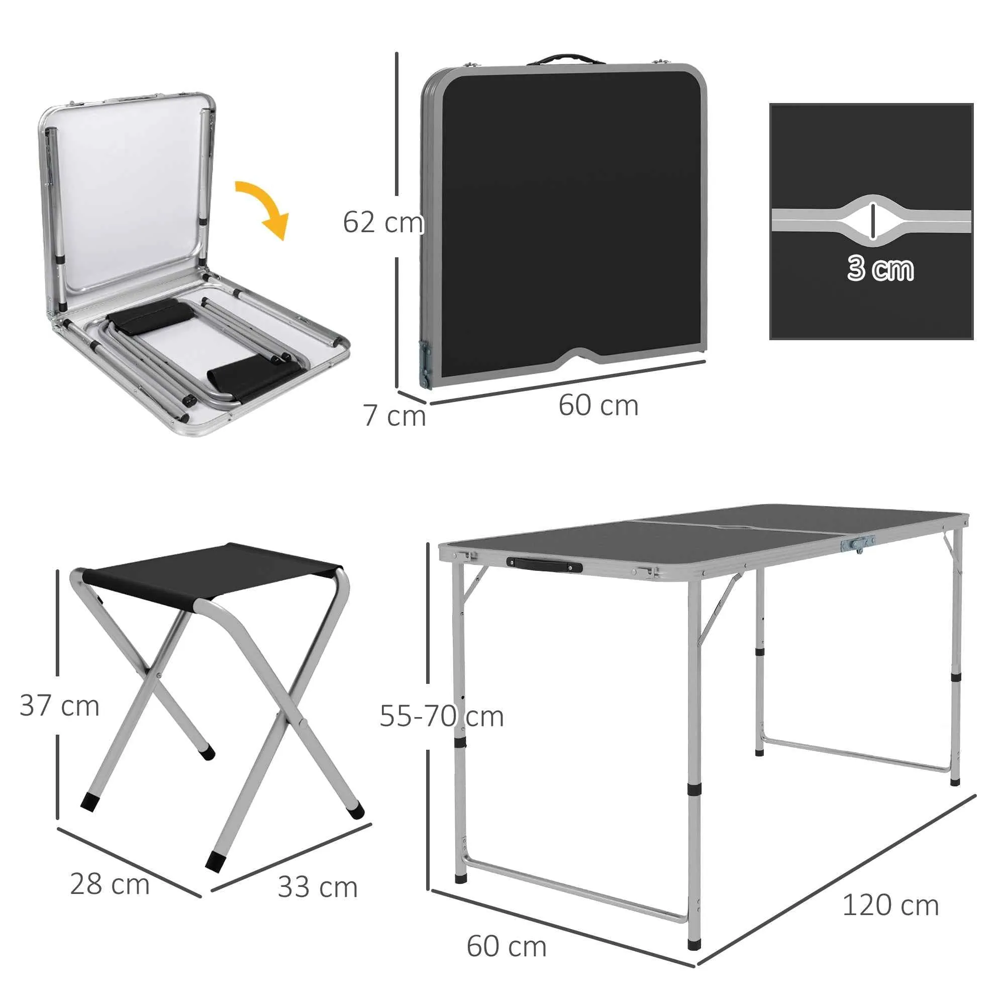 Outsunny Folding and Adjustable Camping Table Set with 4 Chairs and Umbrella Hole, Made of Aluminum and Wood, Black - Image 3