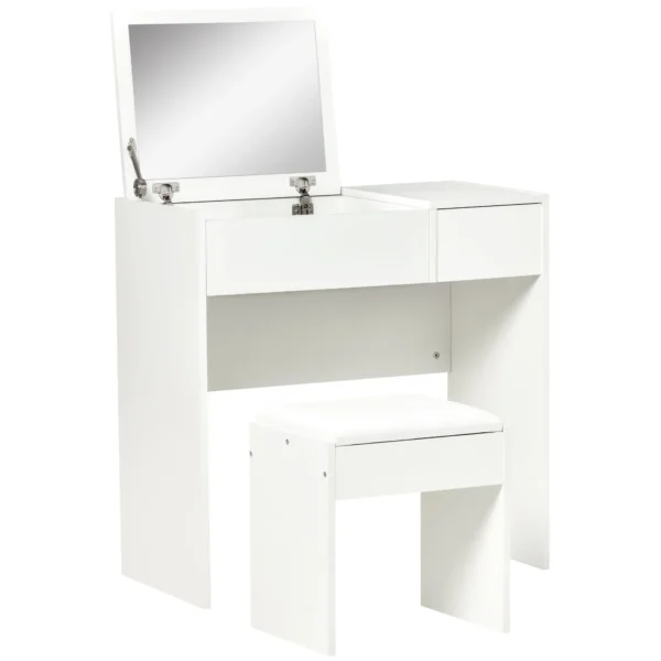 HOMCOM Vanity Table with Folding Mirror, Modern Makeup Table with Stool, 4-Compartment Storage Compartment, White MDF, 80x40x79 cm