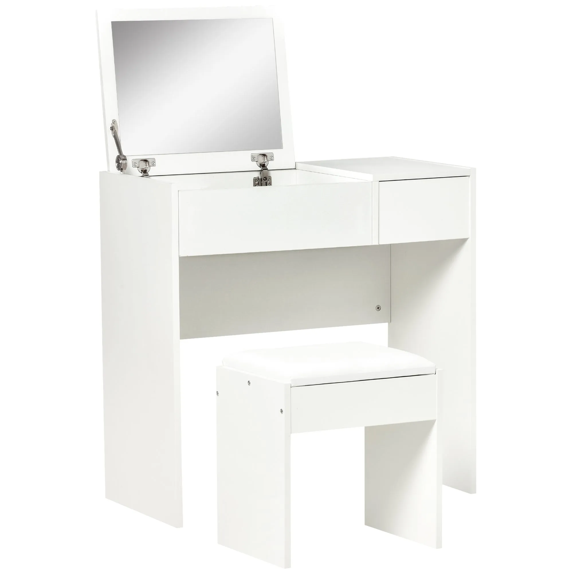 HOMCOM Vanity Table with Folding Mirror, Modern Makeup Table with Stool, 4-Compartment Storage Compartment, White MDF, 80x40x79 cm