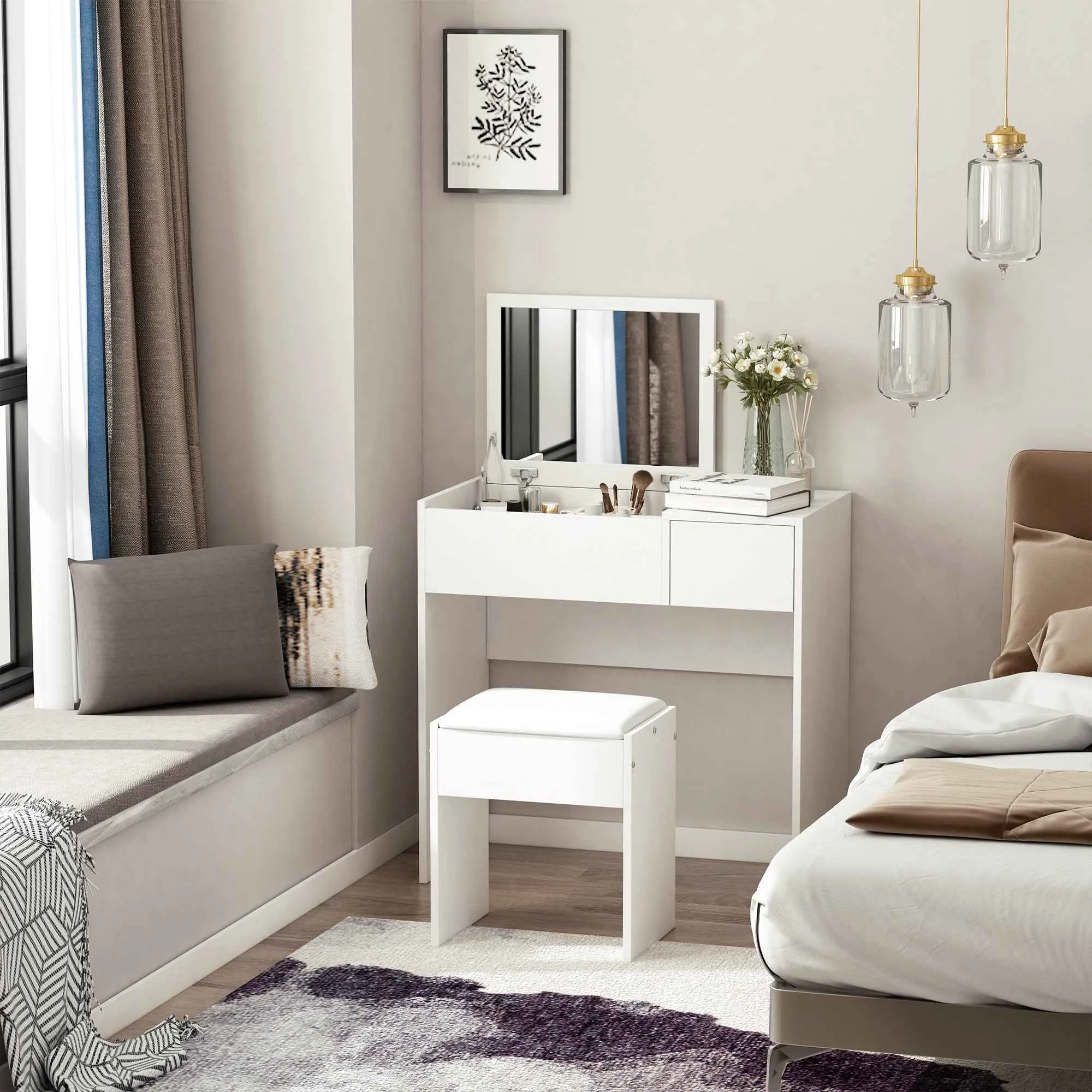 HOMCOM Vanity Table with Folding Mirror, Modern Makeup Table with Stool, 4-Compartment Storage Compartment, White MDF, 80x40x79 cm - Image 2