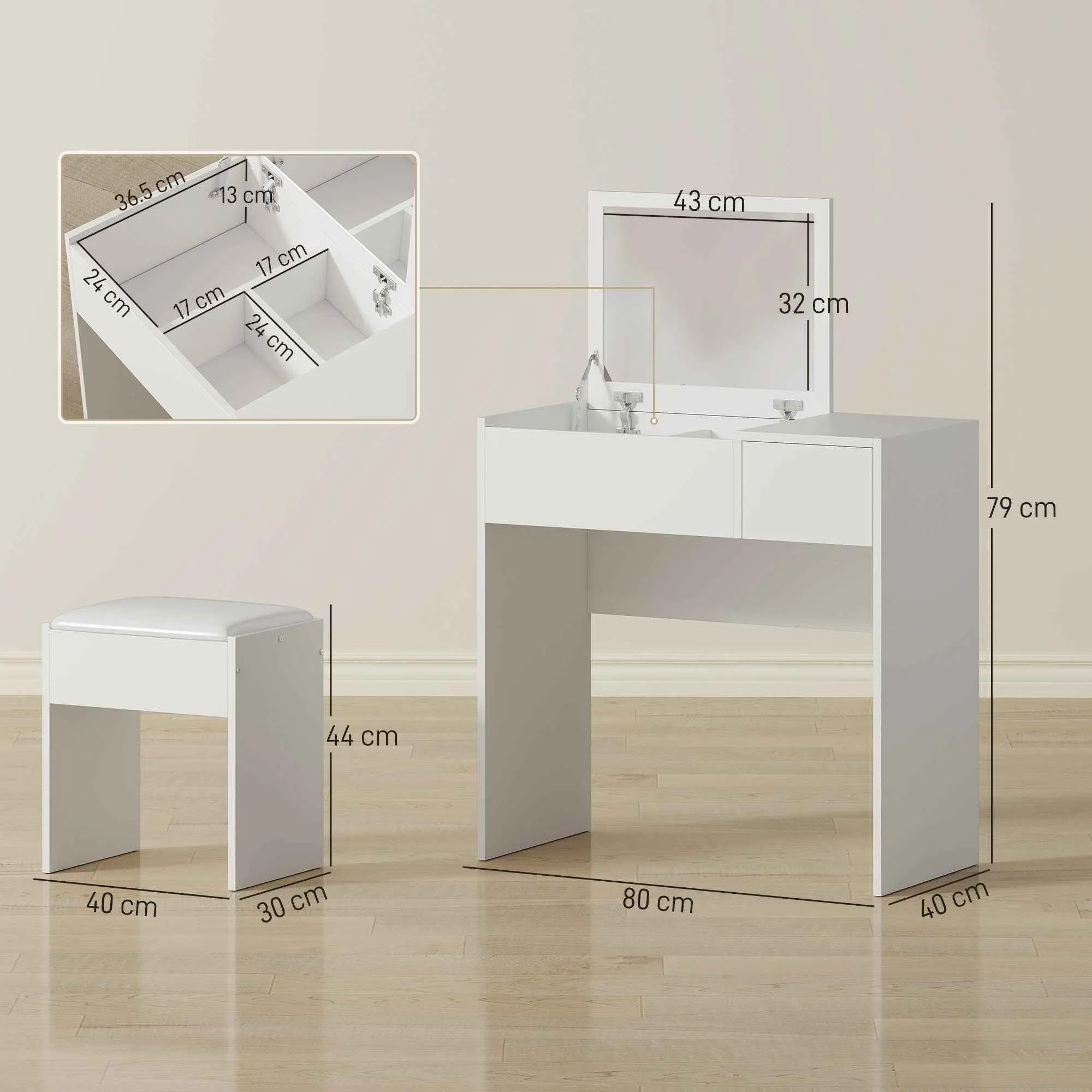 HOMCOM Vanity Table with Folding Mirror, Modern Makeup Table with Stool, 4-Compartment Storage Compartment, White MDF, 80x40x79 cm - Image 3