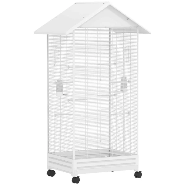 PawHut Wheeled Bird Aviary with Removable Tray, Perches and Feeders, Steel, 79x65x155 cm, White