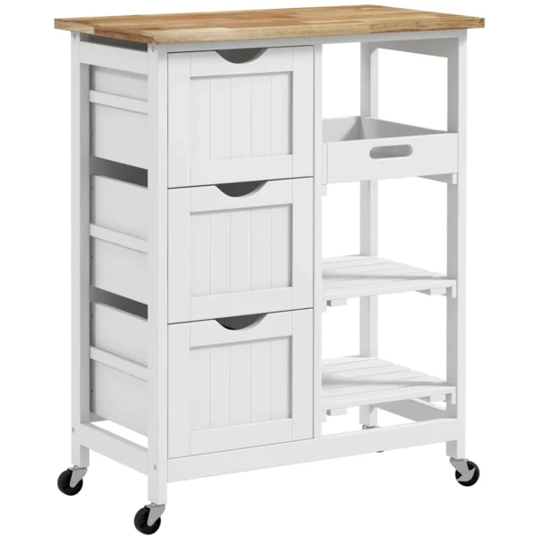 HOMCOM Wooden Kitchen Cart with 3 Drawers and 3 Open Shelves, 67x37x85.5 cm, White