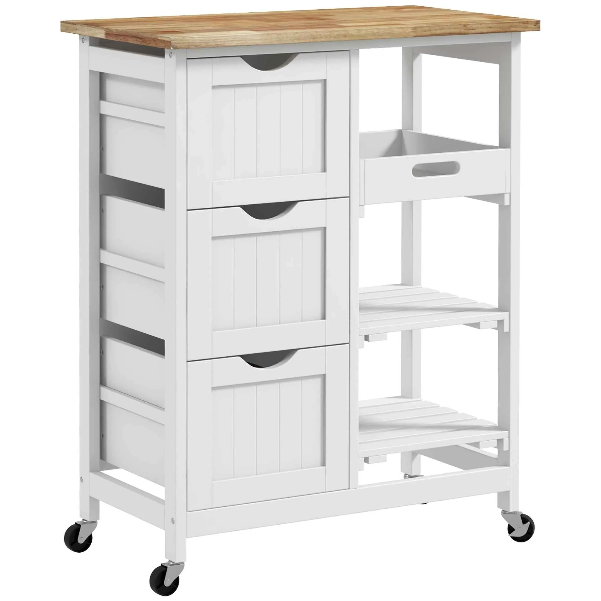 HOMCOM Wooden Kitchen Cart with 3 Drawers and 3 Open Shelves, 67x37x85.5 cm, White